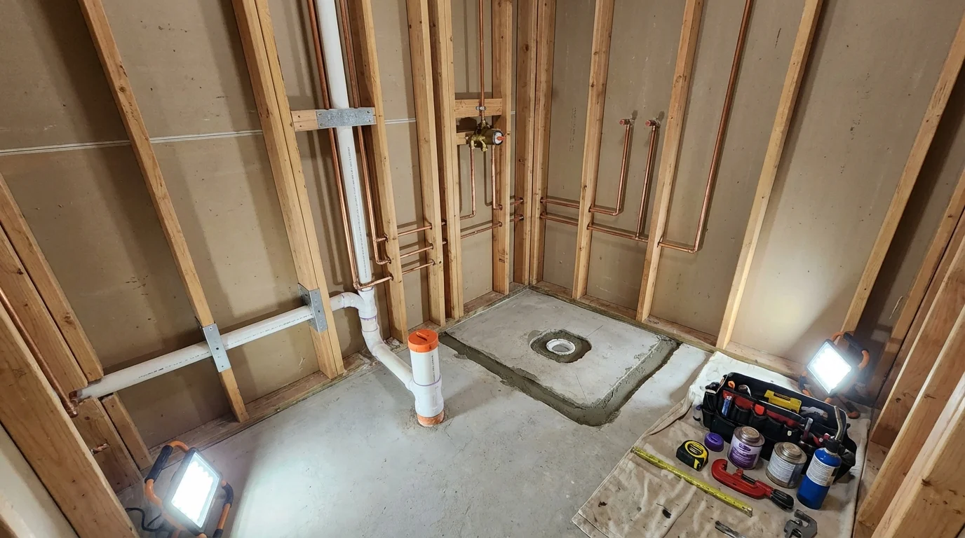 Bathroom rough-in plumbing during remodel by Johns Plumbing LLC in Morton