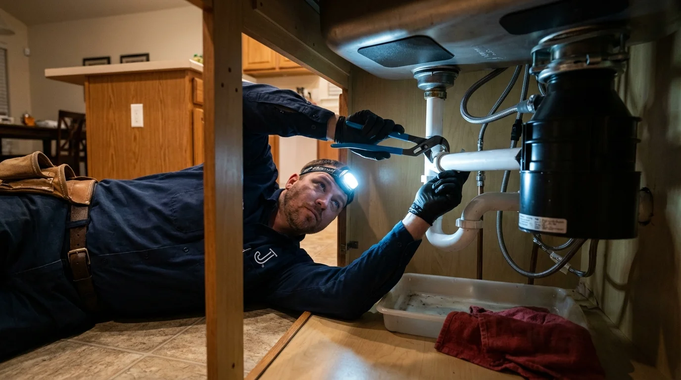 P-trap and supply line connections under a kitchen sink showing a common leak point in Morton, MS